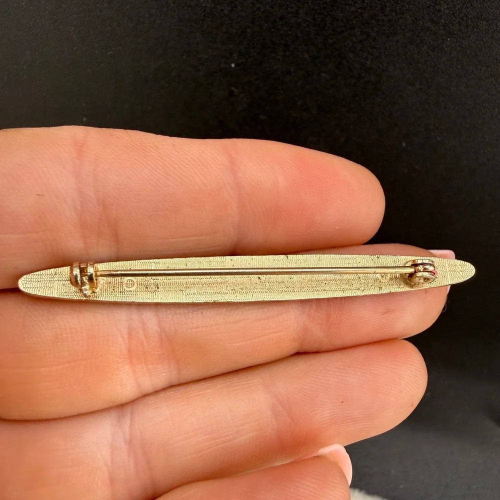 Vintage Guilloche Enamel Bar Brooch Gold Tone Blue
